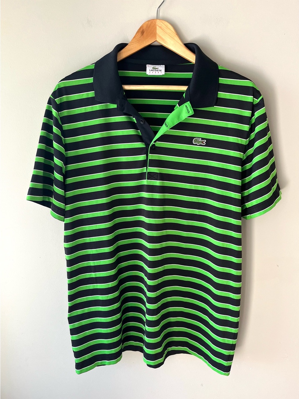 Lacoste Men's Black and Bright Green Striped Polo Shirt Size XL - Golf Tennis